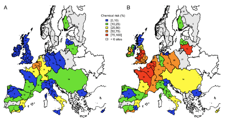 Chemical pollution risk to freshwater organisms in Europe. Map shows fraction of sites where chemical concentrations exceed a) acute, potentially lethal concentrations; and b) chronic concentrations with long-term negative impacts.