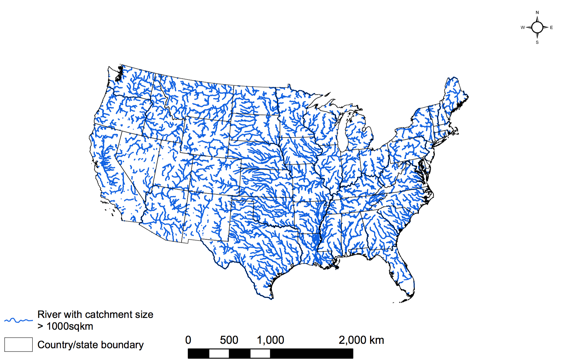 Large rivers (>1000km2 catchment size) in the USA.