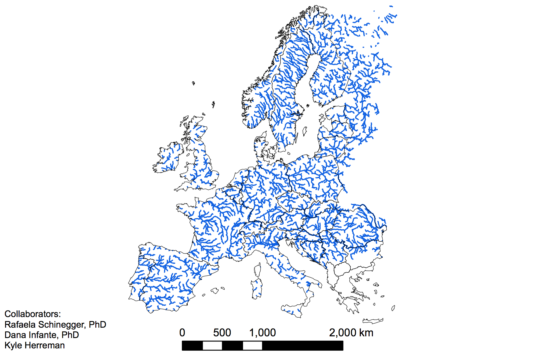 Large rivers (>1000km2 catchment size) in Europe.