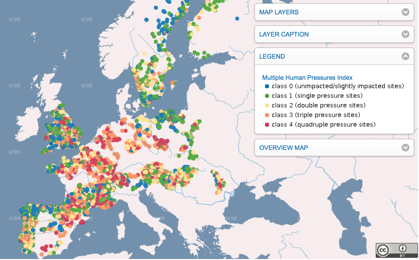 Multiple Human Pressures and Their Spatial Patterns in European Running Waters. Click image to explore the map on the Global Freshwater Biodiversity Atlas.